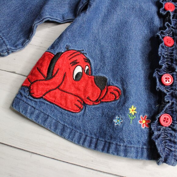Clifford Vintage Denim Jean Jacket Top Baby Girl's Size 12 Months Big Red Dog - Picture 3 of 6